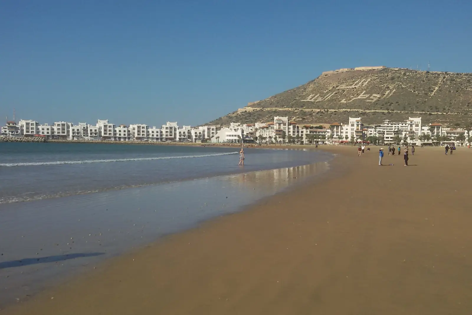 Agadir beach and seafront with the Kasbah hill behind