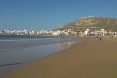 Agadir beach and seafront with the Kasbah hill behind