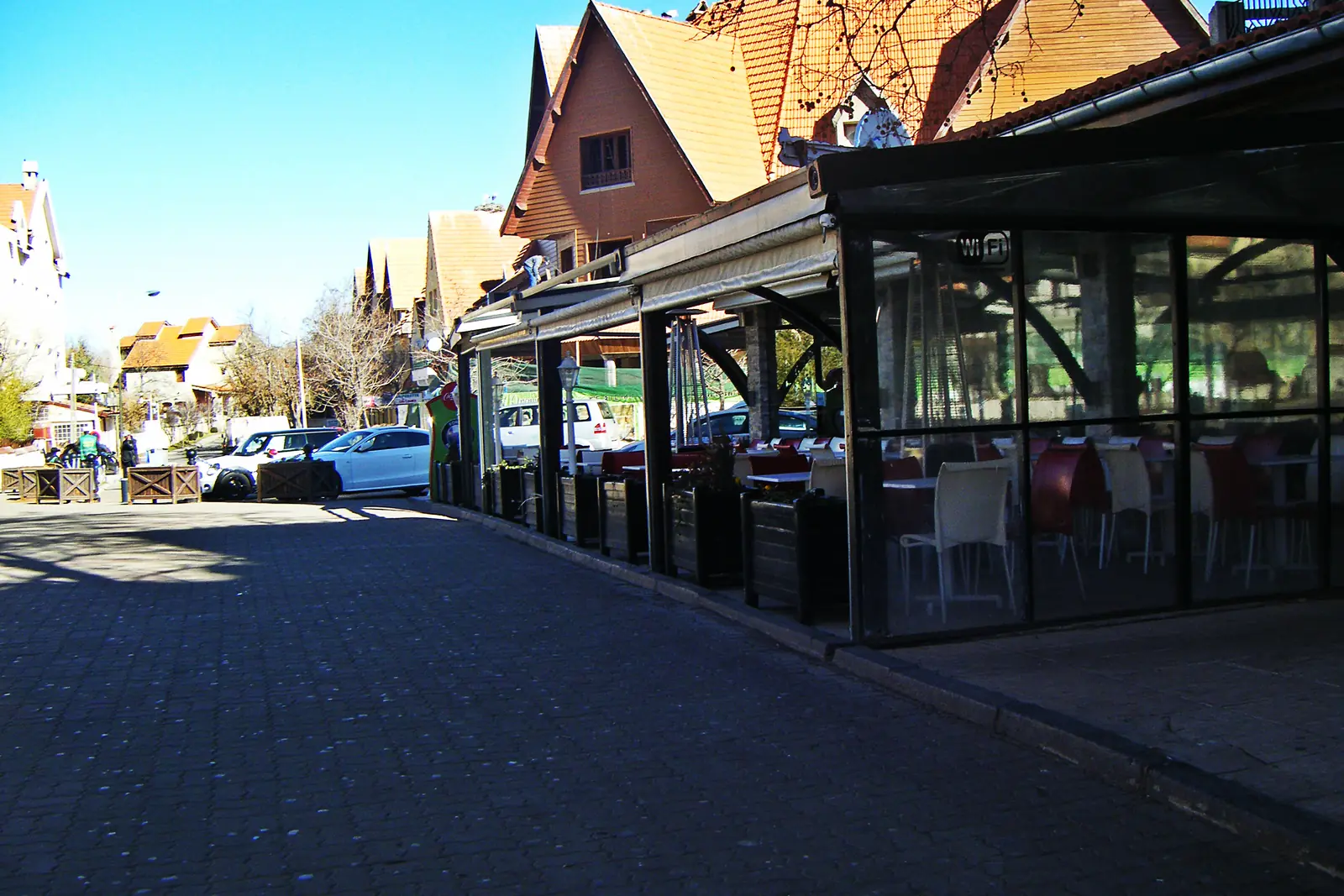 Alpine-style chalet roofs and cafe terraces in the centre of Ifrane