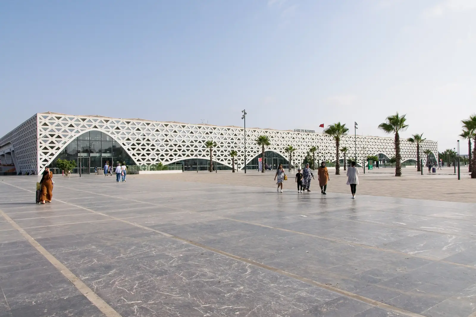 Modern Kenitra railway station on the high-speed line, with its white lattice roof