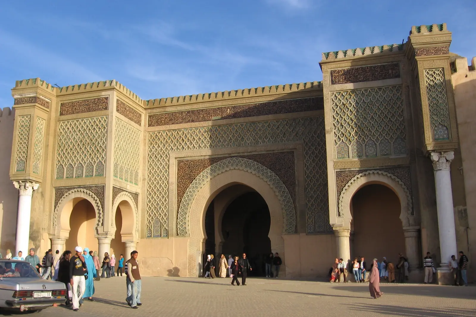 Bab Mansour, the monumental tiled gate of Meknes, in daylight