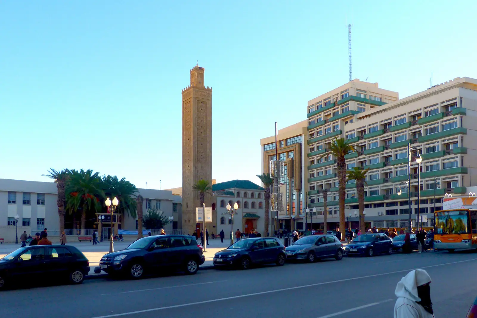 Minaret and palm-lined square on a boulevard in central Oujda