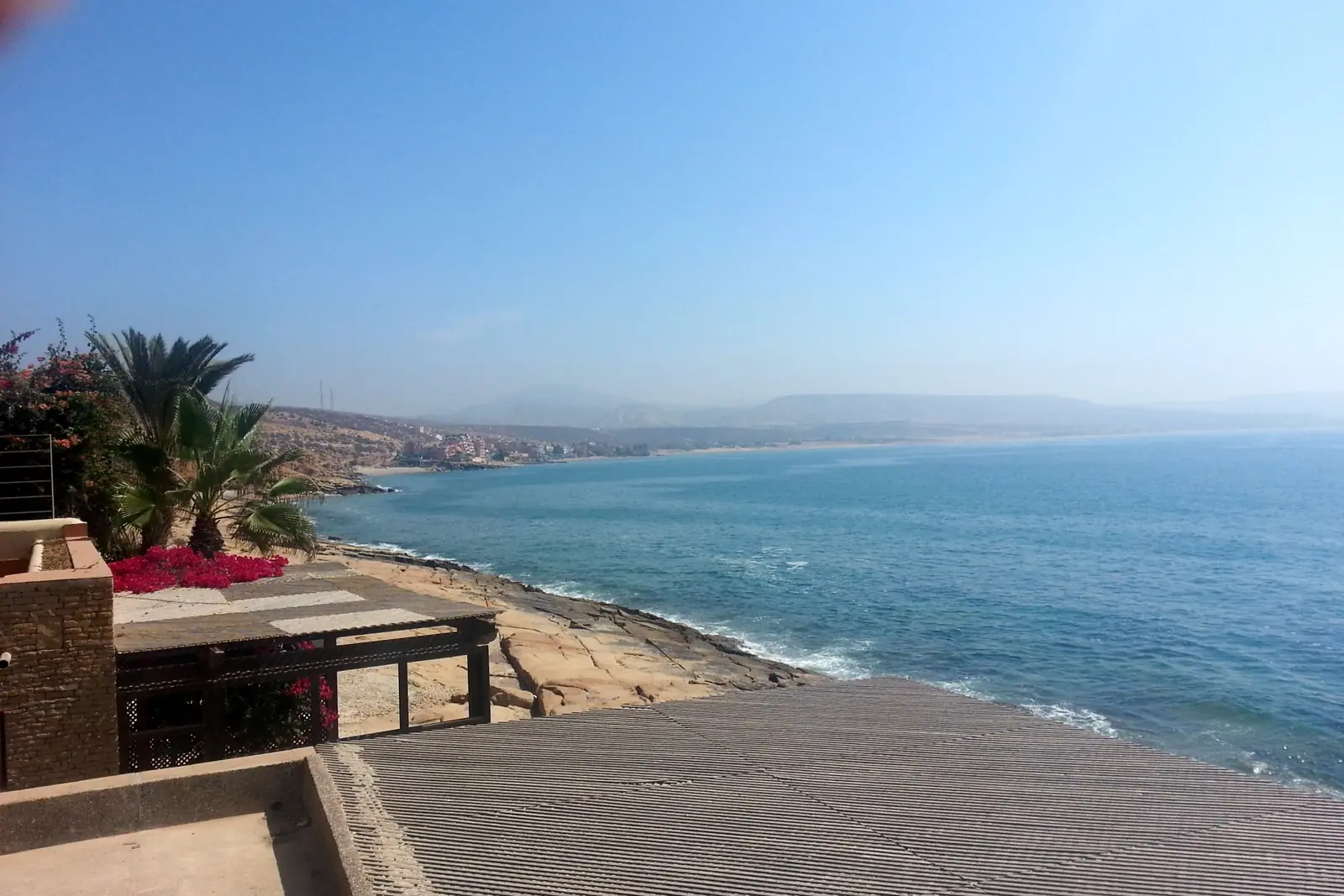 Atlantic coast and beach at Taghazout seen from a terrace