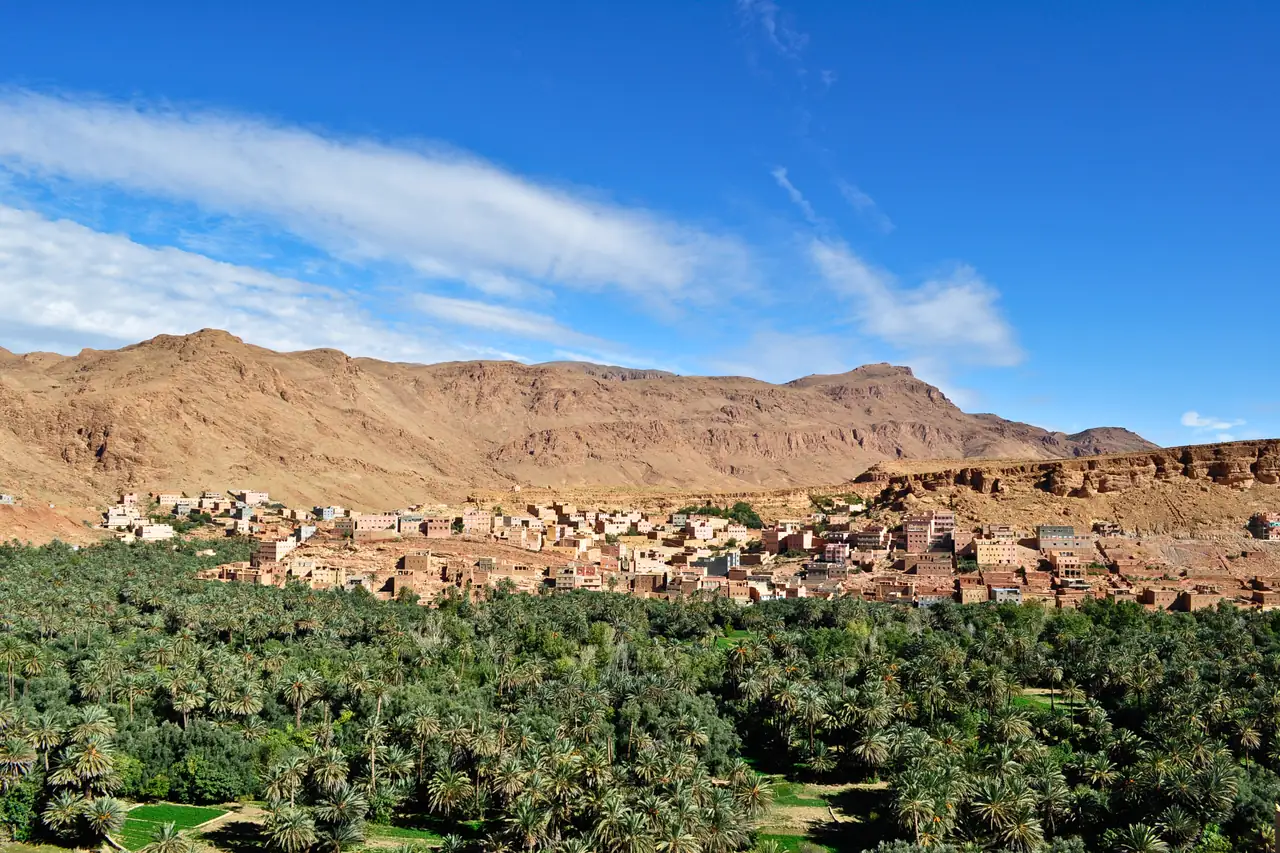 Palm oasis of Tinghir below the town and rocky ridges