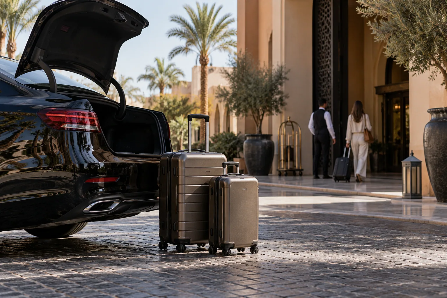 Two suitcases beside the open boot of a black sedan on a hotel driveway