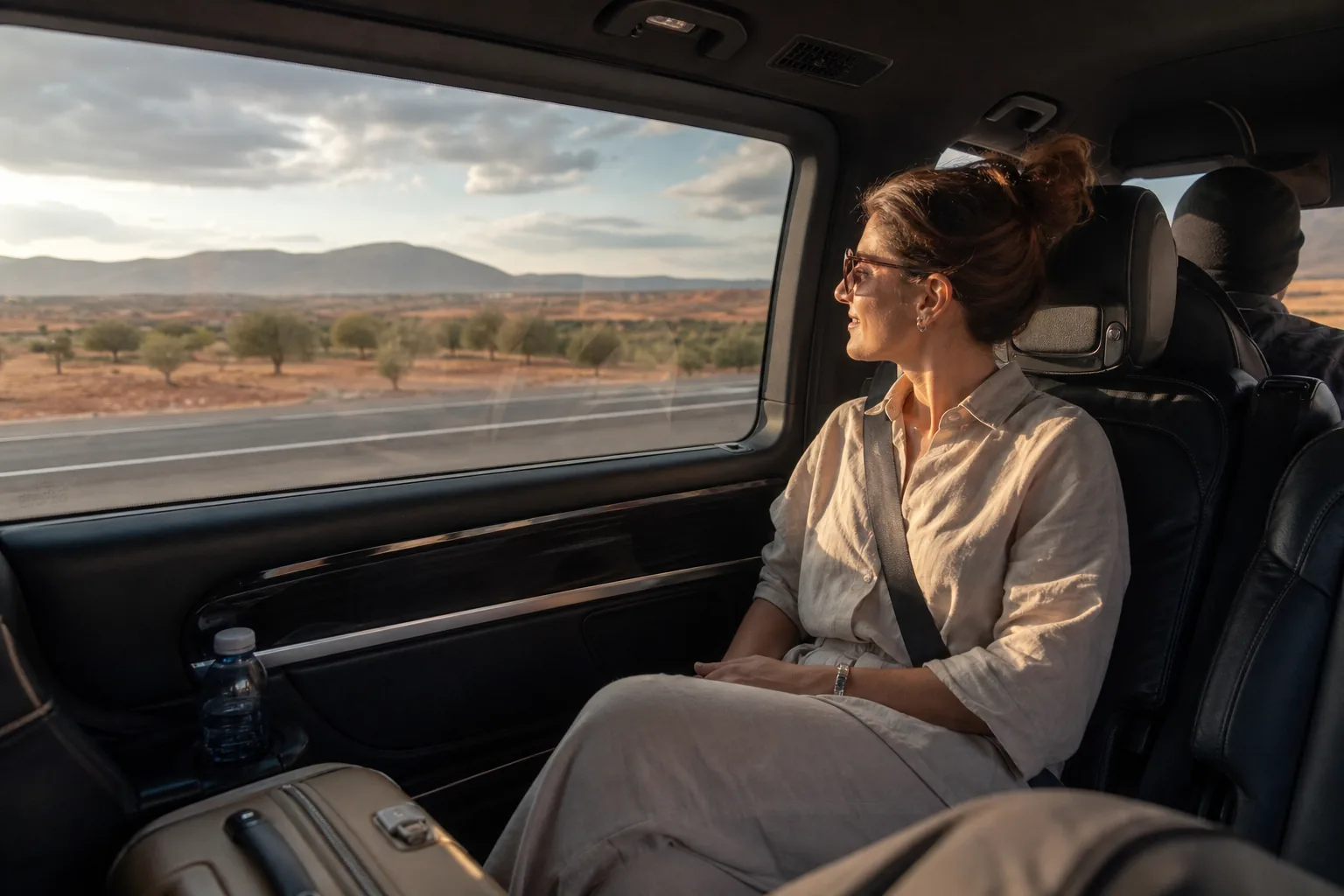 Traveller enjoying a comfortable private transfer across Morocco