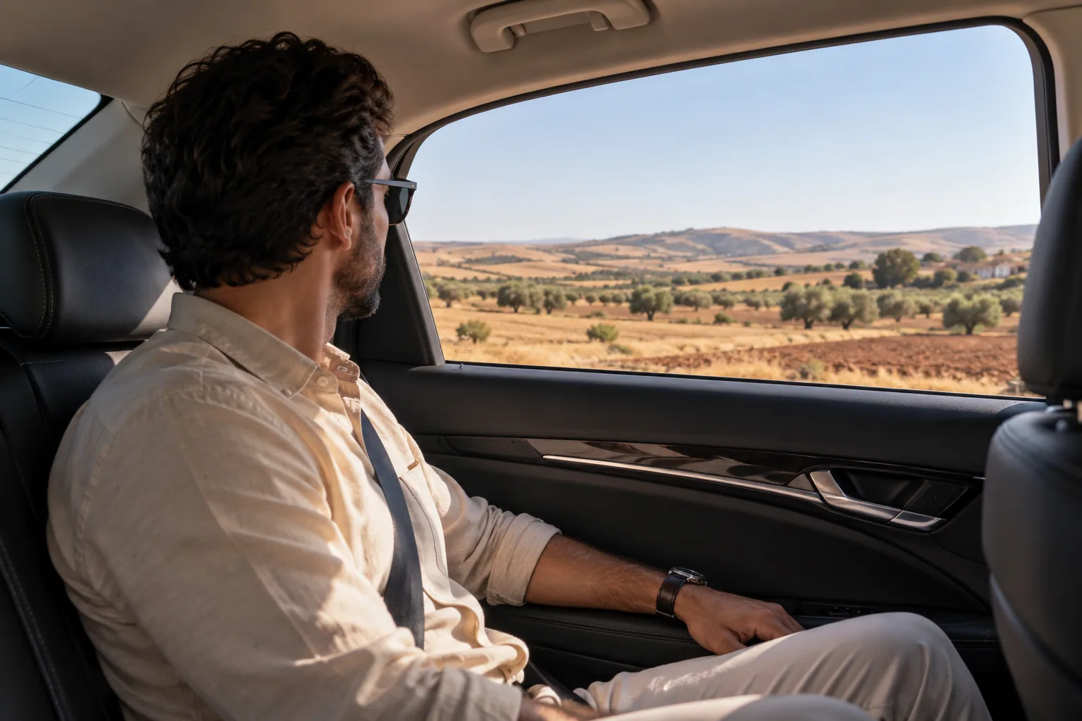 Passenger wearing a seatbelt in a sedan, looking out over dry Moroccan farmland