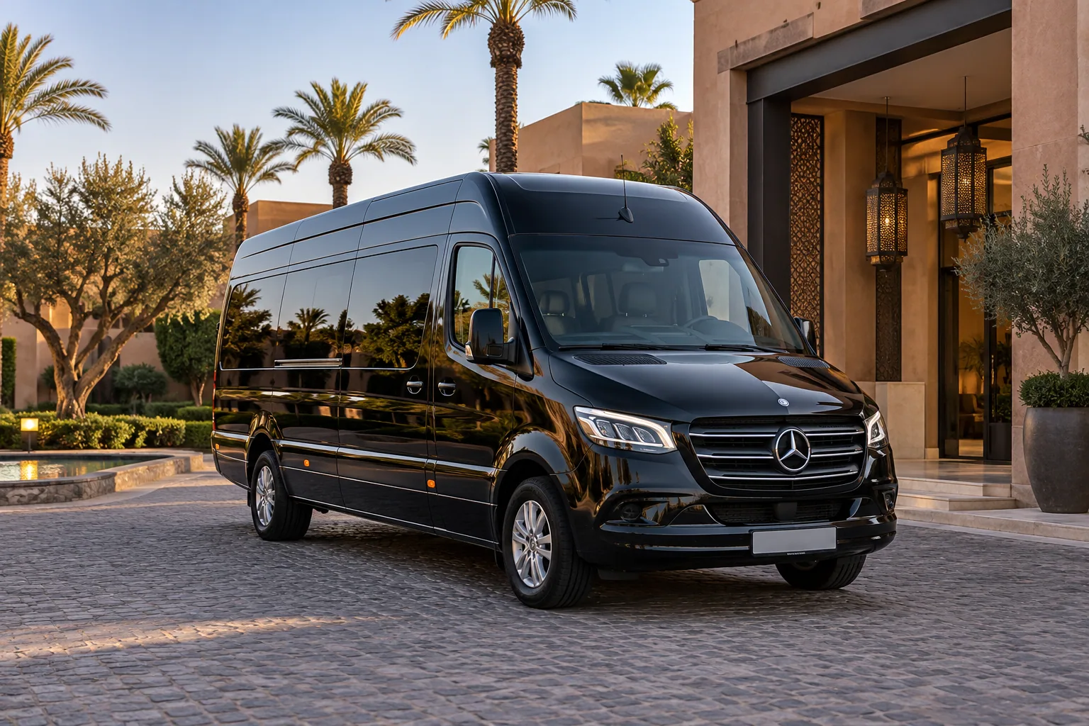 Black Mercedes Sprinter minibus, the class used for group transfers